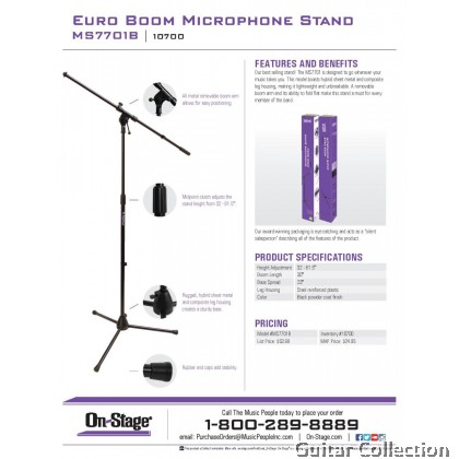 On Stage MS7701B Euro Boom Microphone Stand (Black)