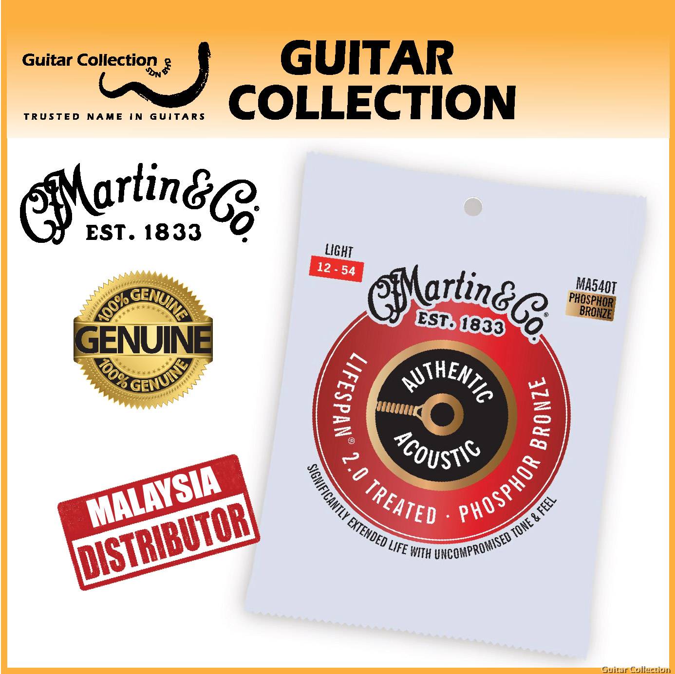 Martin ma540t lifespan 2.0 phosphor top bronze light authentic acoustic guitar strings