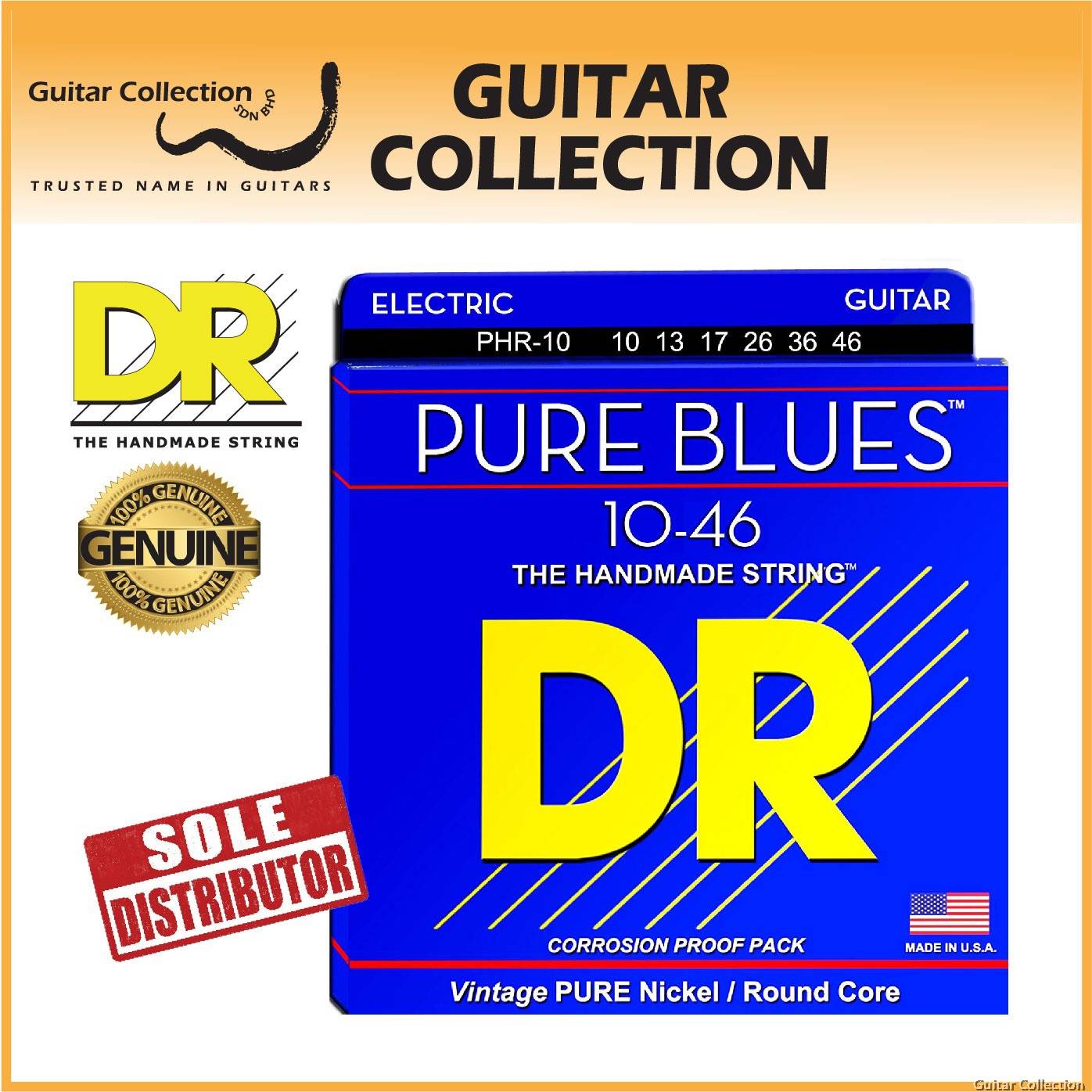 DR Strings PHR 10 PURE BLUES Pure Nickel Electric Guitar Strings