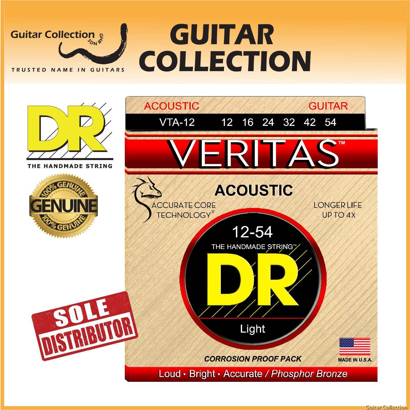 DR Strings VTA 12 VERITAS Coated Core Phosphor Bronze Acoustic Guitar Strings Light 012 054