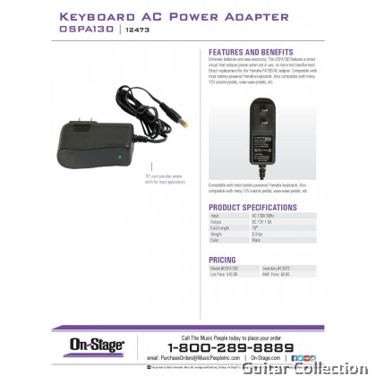 On Stage Stands PA130AC Adapter for Yamaha Keyboards (Recommended with: PSR-E403, YPT-400, EZ-200 and EZAG)