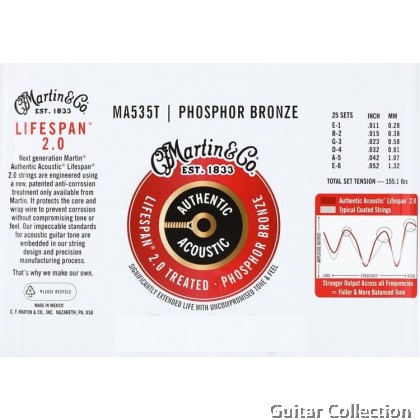 Martin MA535T 5/25-Pack | 011-052 | Authentic Lifespan | Treated Phosphor Bronze Acoustic Guitar Strings | Custom Light