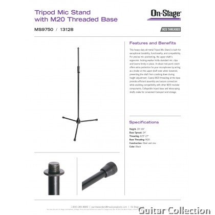 On Stage MS9750 Tripod Mic Stand with M20-Threaded Base| Height 39"-69"