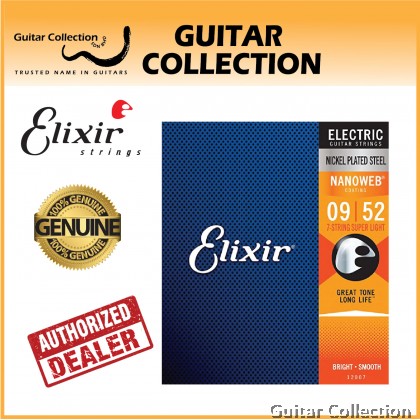 Elixir 12007 NANOWEB | 009-052 | 7-String Coated Nickel Plated Steel Electric Guitar Strings | Super Light