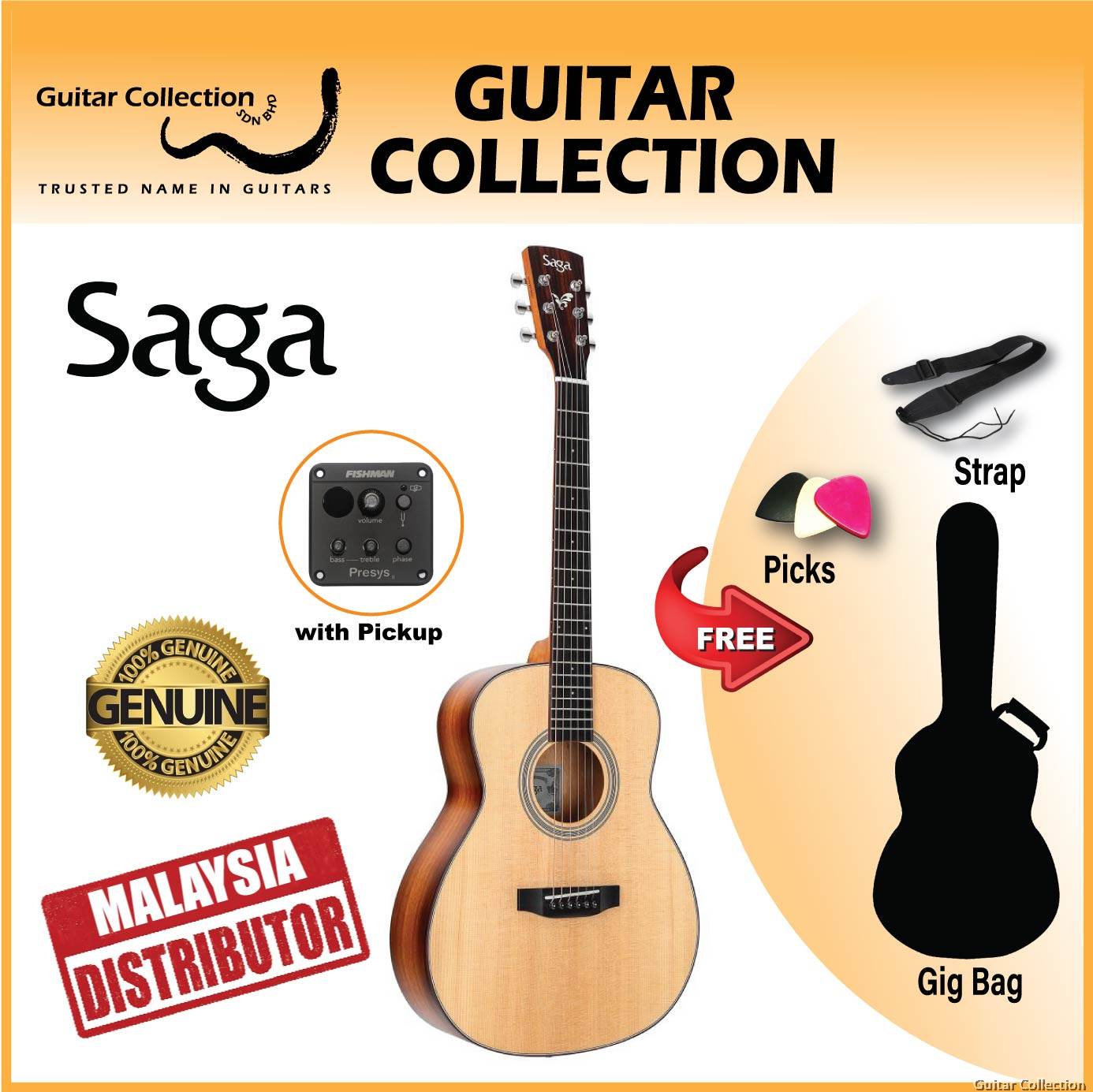SAGA GS700E Travel Series 3 4 Acoustic Electric Guitar Solid
