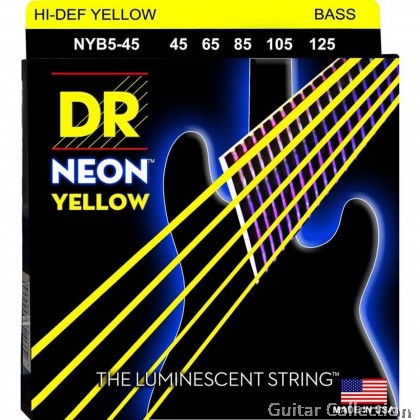 DR Strings NYB5-45 NEON Yellow Coated Nickel Plated Bass Strings | 5-String Medium (045 - 125)