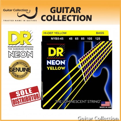 DR Strings NYB5-45 NEON Yellow Coated Nickel Plated Bass Strings | 5-String Medium (045 - 125)