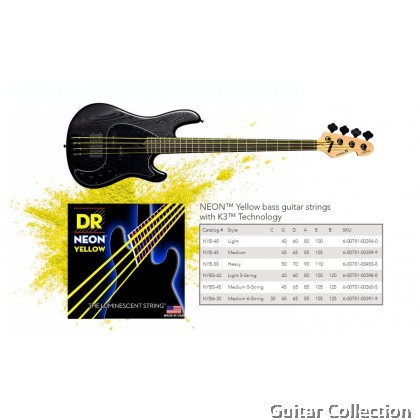 DR Strings NYB5-45 NEON Yellow Coated Nickel Plated Bass Strings | 5-String Medium (045 - 125)