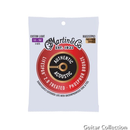 Martin MA535T PK3 3-Pack | 011-052 | Authentic Lifespan 2.0 | Treated Phosphor Bronze Acoustic Guitar Strings | Custom Light