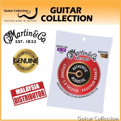 Martin MA535T PK3 3-Pack | 011-052 | Authentic Lifespan 2.0 | Treated Phosphor Bronze Acoustic Guitar Strings | Custom Light