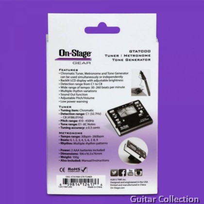 On Stage GTA7000 Chromatic Tuner / Metronome / Tone Generator with clip-on transducer | for Guitar, Bass, Violin etc.