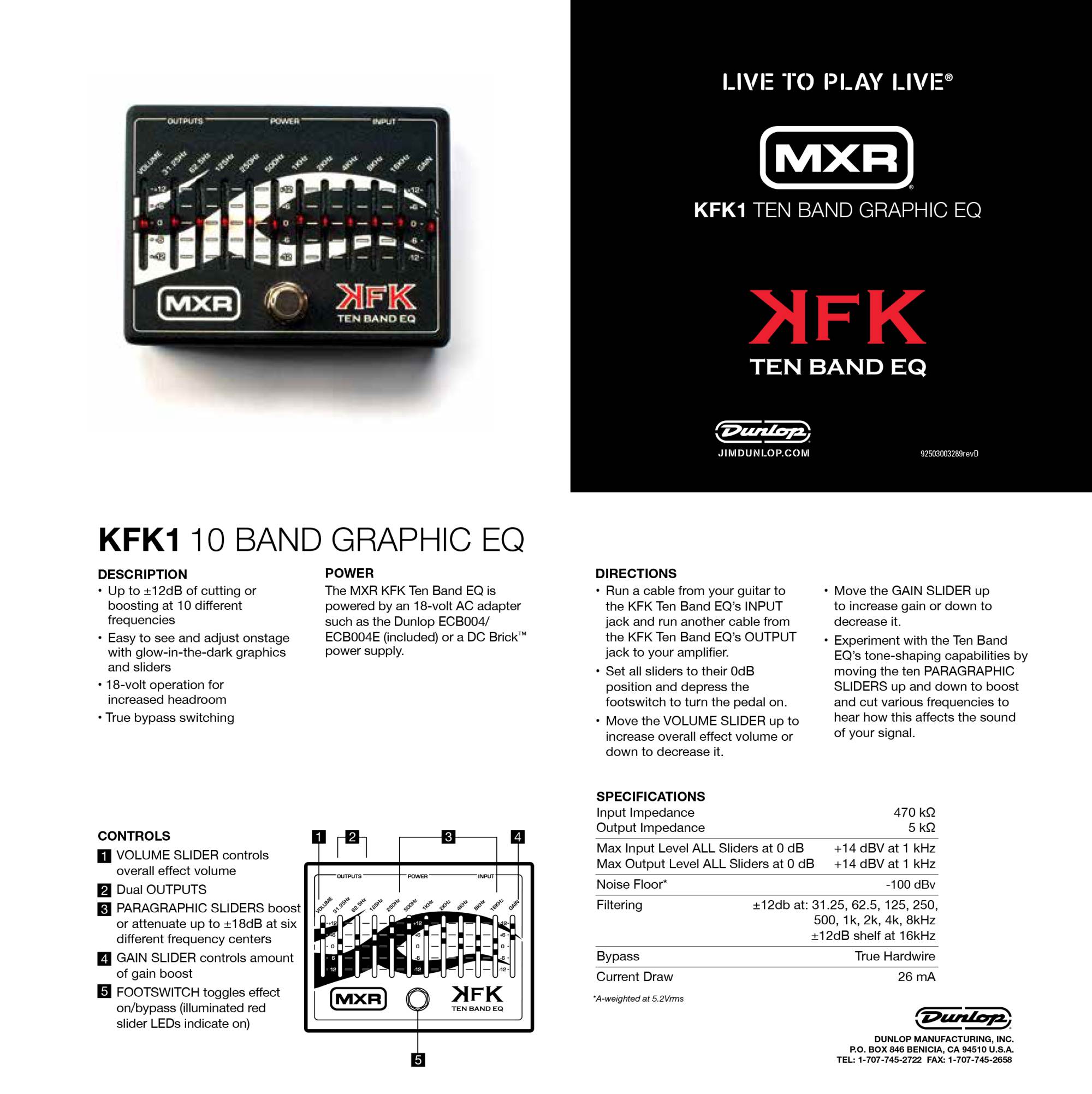 Jim Dunlop MXR KFK1 Kerry King 10 Band Equilizer Effect Pedal